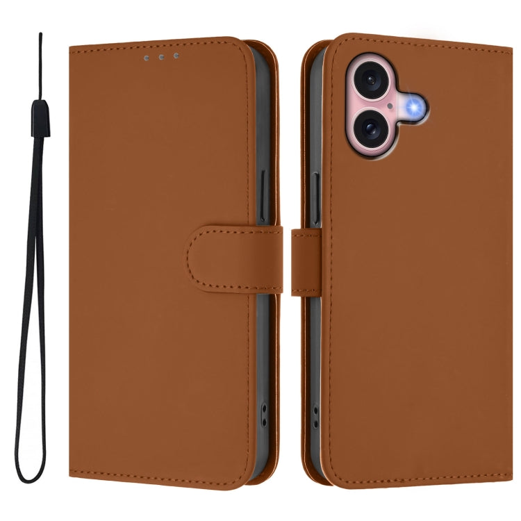 For iPhone 16 Skin Feel Solid Color Leather Phone Case with Lanyard(Brown) - iPhone 16 Cases by buy2fix | Online Shopping UK | buy2fix