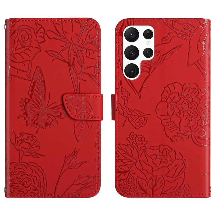 For Samsung Galaxy S25 Ultra 5G Skin Feel Butterfly Embossed Flip Leather Phone Case(Red) - Galaxy S25 Ultra 5G Cases by buy2fix | Online Shopping UK | buy2fix