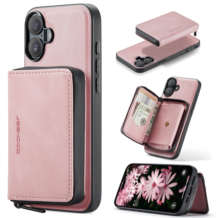 For iPhone 16 Plus JEEHOOD J02 Magnetic Zipper Horizontal Flip Leather Phone Case(Pink) - iPhone 16 Plus Cases by JEEHOOD | Online Shopping UK | buy2fix