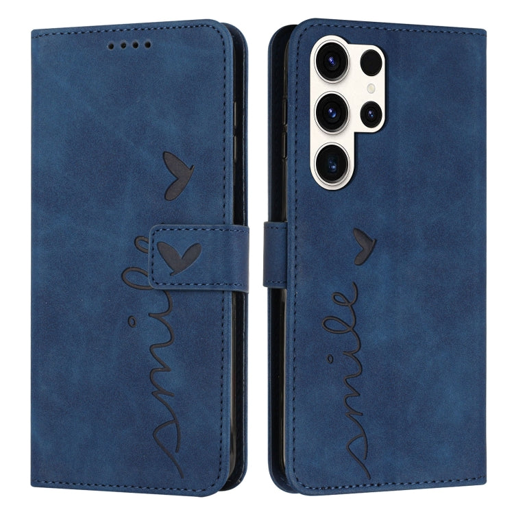 For Samsung Galaxy S25 Ultra 5G Skin Feel Heart Embossed Leather Phone Case with Long Lanyard(Blue) - Galaxy S25 Ultra 5G Cases by buy2fix | Online Shopping UK | buy2fix