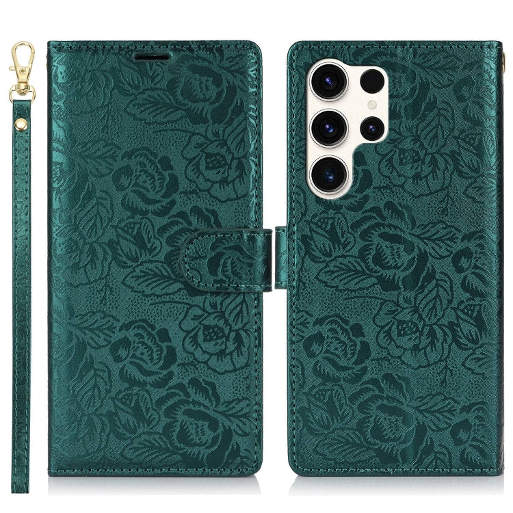 For Samsung Galaxy S25 Ultra 5G Peony Flowers Imprint Leather Phone Case(Green) - Galaxy S25 Ultra 5G Cases by buy2fix | Online Shopping UK | buy2fix