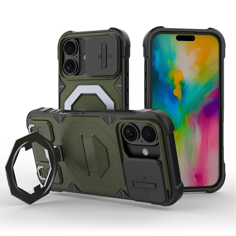 For iPhone 16 Plus Camera Shield Armor MagSafe Holder Phone Case with Strap(Dark Green) - iPhone 16 Plus Cases by buy2fix | Online Shopping UK | buy2fix