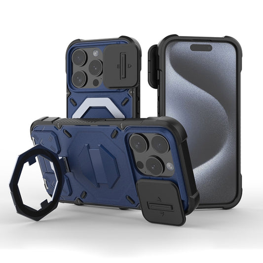 For iPhone 13 Pro Max Camera Shield Armor MagSafe Holder Phone Case with Strap(Sapphire Blue) - iPhone 13 Pro Max Cases by buy2fix | Online Shopping UK | buy2fix