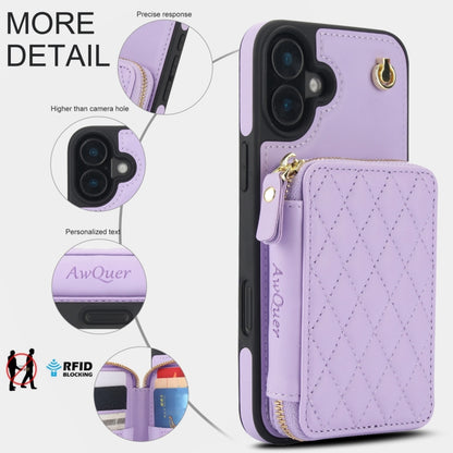 For iPhone 16 Plus AwQuer Crossbody Zipper Wallet Rhombic Leather Back Phone Case(Purple) - iPhone 16 Plus Cases by Awquer | Online Shopping UK | buy2fix