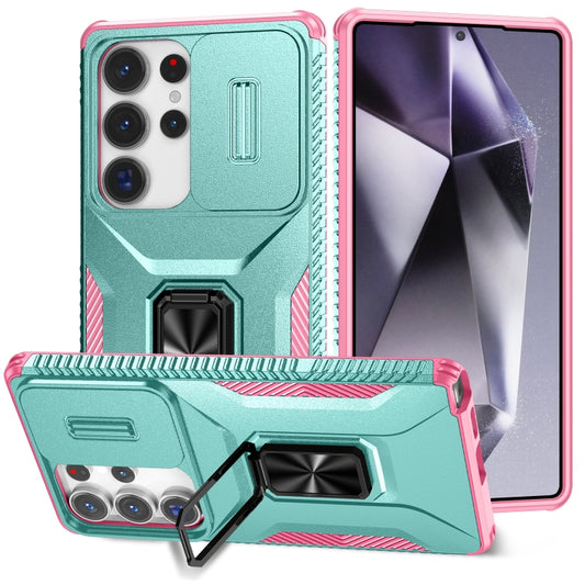 For Samsung Galaxy S25 Ultra 5G Sliding Camshield Holder Phone Case(Grey Green + Pink) - Galaxy S25 Ultra 5G Cases by buy2fix | Online Shopping UK | buy2fix