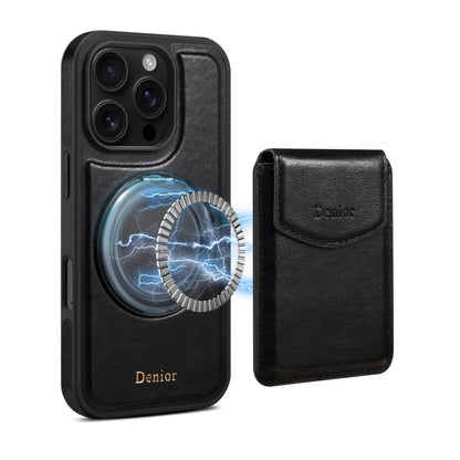 For iPhone 16 Pro Denior D22 Genuine Leather MagSafe Holder Detachable Card Slot Phone Case(Black) - iPhone 16 Pro Cases by Denior | Online Shopping UK | buy2fix