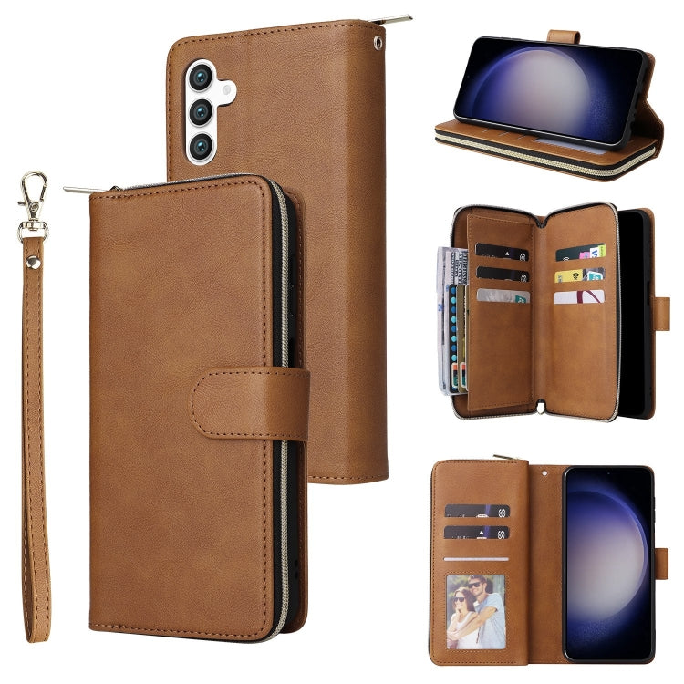 For Samsung Galaxy S25 5G 9-Card Slots Zipper Wallet Bag Leather Phone Case(Brown) - Galaxy S25 5G Cases by buy2fix | Online Shopping UK | buy2fix