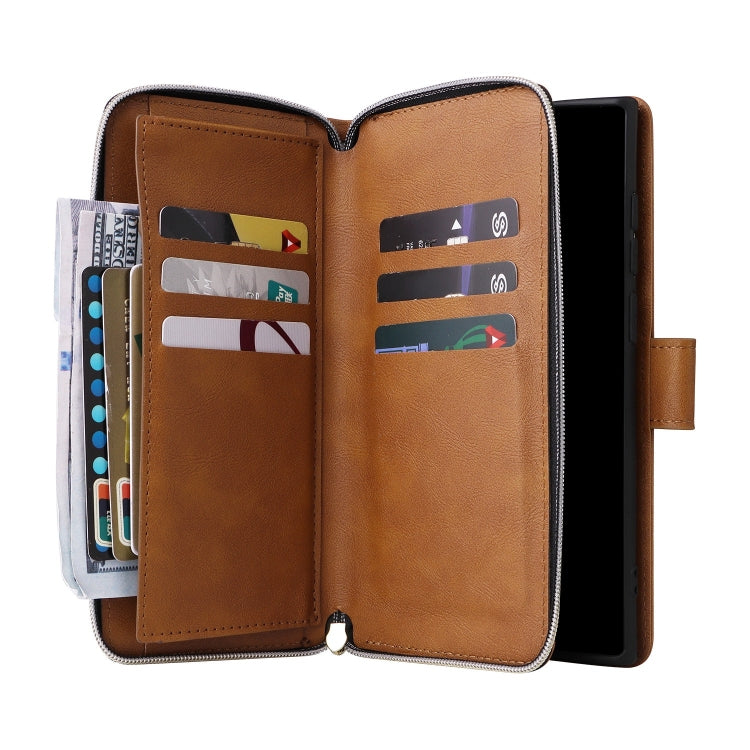 For Samsung Galaxy S25 Ultra 5G 9-Card Slots Zipper Wallet Bag Leather Phone Case(Brown) - Galaxy S25 Ultra 5G Cases by buy2fix | Online Shopping UK | buy2fix