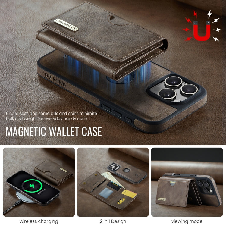 For iPhone 16 Pro Max DG.MING M6 Series RFID Tri-fold Card Bag Removable Leather Phone Case(Coffee) - iPhone 16 Pro Max Cases by DG.MING | Online Shopping UK | buy2fix