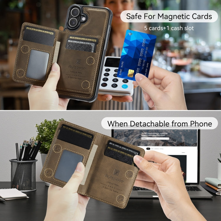 For iPhone 16 AutSpace A13 MagSafe Magnetic RFID Flip Card Bag Phone Case(Coffee) - iPhone 16 Cases by AutSpace | Online Shopping UK | buy2fix