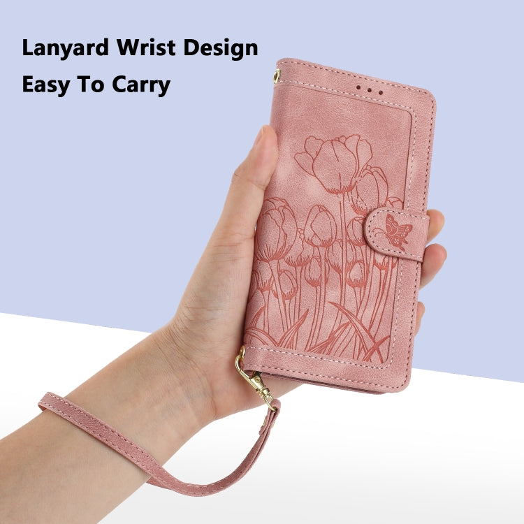 For Samsung Galaxy S25+ 5G Tulips Embossed Leather Phone Case with Lanyard(Pink) - Galaxy S25+ 5G Cases by buy2fix | Online Shopping UK | buy2fix