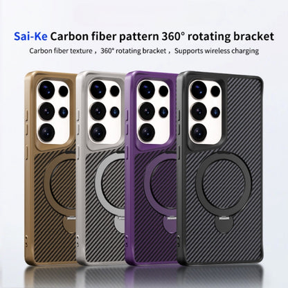 For Samsung Galaxy S25 / S24 5G Carbon Fiber Texture 360 MagSafe Holder Phone Case(Desert Gold) - Galaxy S25 5G Cases by buy2fix | Online Shopping UK | buy2fix