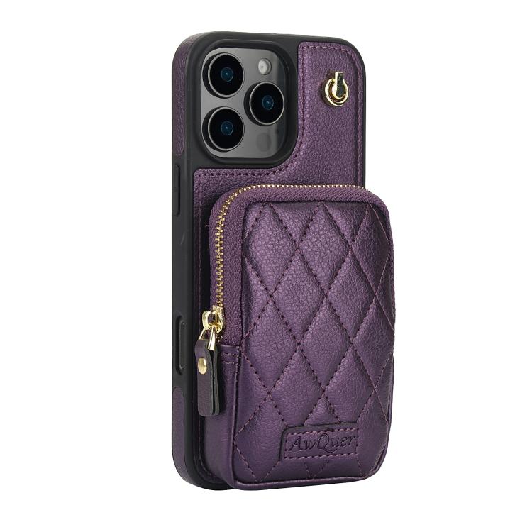 For iPhone 16 Pro Max AwQuer Crossbody Zipper Wallet Bag Litchi Leather Phone Case(Dark Purple) - iPhone 16 Pro Max Cases by Awquer | Online Shopping UK | buy2fix