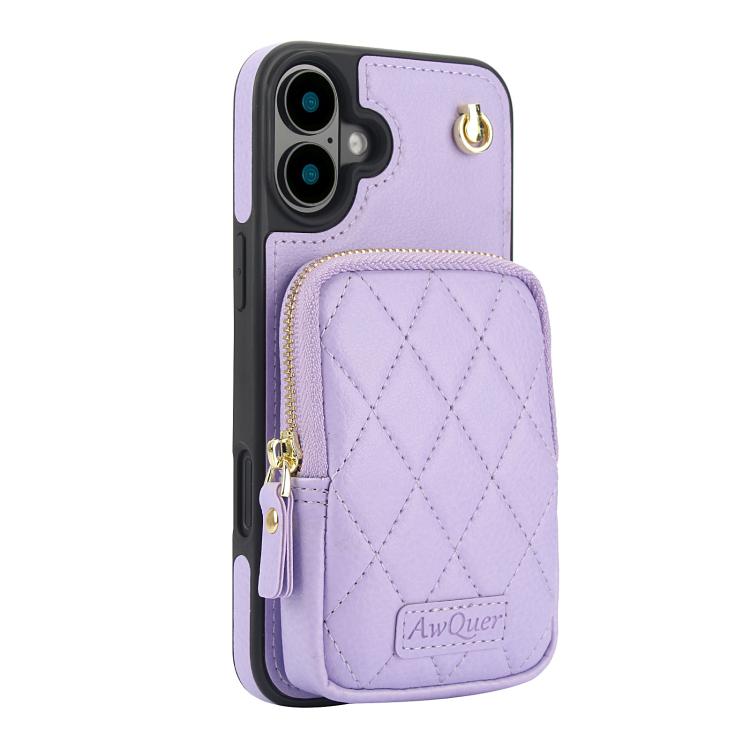 For iPhone 16 AwQuer Crossbody Zipper Wallet Bag Litchi Leather Phone Case(Light Purple) - iPhone 16 Cases by Awquer | Online Shopping UK | buy2fix