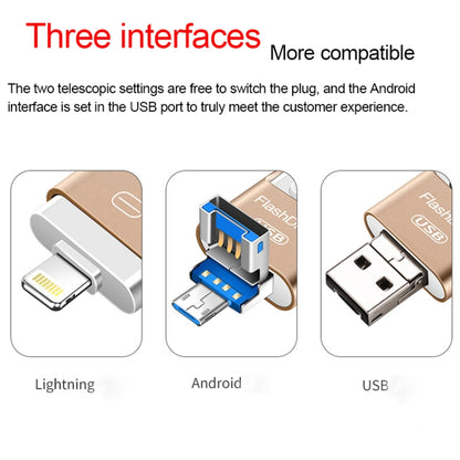 128GB USB 3.0 + 8 Pin + Mirco USB Android iPhone Computer Dual-use Metal Flash Drive (Gold) - U Disk & Card Reader by buy2fix | Online Shopping UK | buy2fix