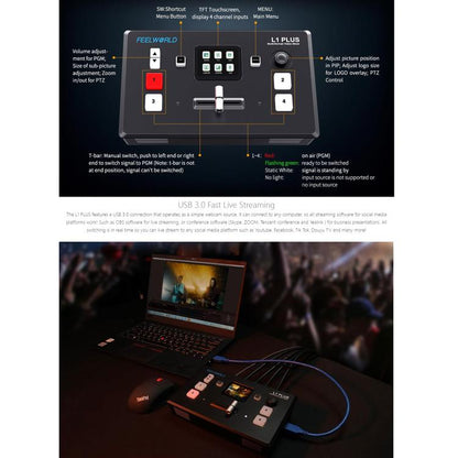FEELWORLD L1 PLUS Multi-camera Video Mixer Switcher Touch Screen PTZ Control USB3.0 Fast Streaming Switcher (US Plug) - Live Sound Effects Processors by FEELWORLD | Online Shopping UK | buy2fix