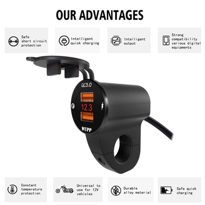 WUPP ZH-975B3 Motorcycle Aluminum Alloy Waterproof Mobile Phone Double QC3.0 Quick Charging Charger with Voltmeter(Black) - Battery Charger by WUPP | Online Shopping UK | buy2fix