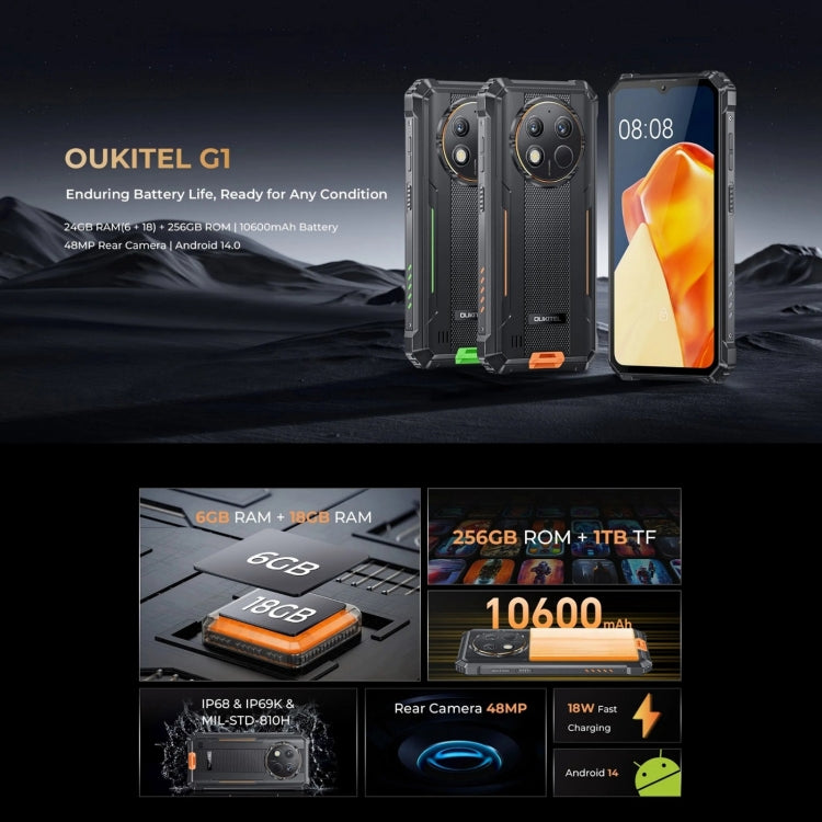 [HK Warehouse] Oukitel G1 Rugged Phone, 6GB+256GB, Fingerprint Identification, 6.52 inch Android 14 T606 Octa Core, NFC, OTG, Network: 4G (Grey) - Other by OUKITEL | Online Shopping UK | buy2fix