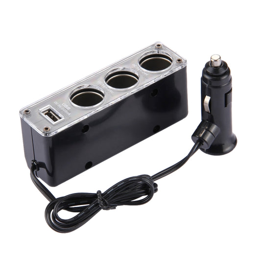 WF-0096 Triple Socket 12V/24V Car Cigarette Lighter USB Power(Black) - Cigar Socket by buy2fix | Online Shopping UK | buy2fix