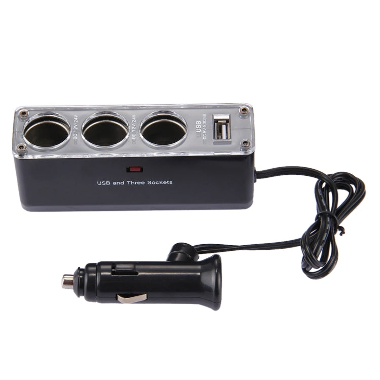 WF-0096 Triple Socket 12V/24V Car Cigarette Lighter USB Power(Black) - Cigar Socket by buy2fix | Online Shopping UK | buy2fix