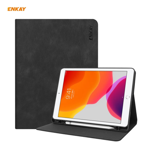 For iPad 10.2 2021 / 2020 / 2019 ENKAY ENK-8023 Cow Texture PU Leather + TPU Smart Case with Pen Slot(Black) - iPad 10.2 Cases by ENKAY | Online Shopping UK | buy2fix