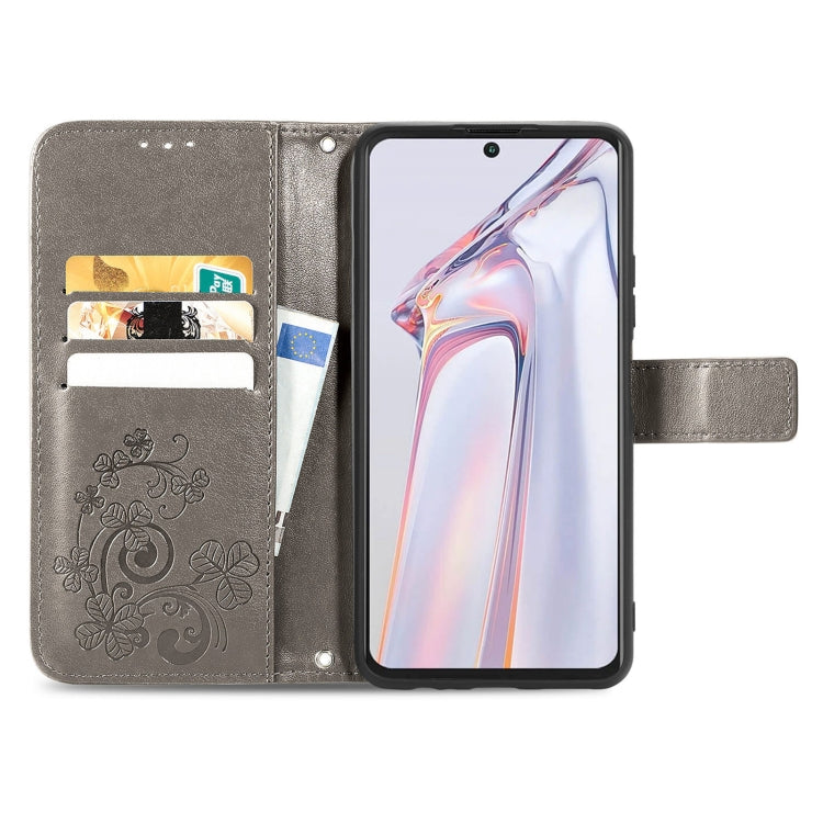 For Blackview A100 Four-leaf Clasp Embossed Buckle Mobile Phone Protection Leather Case with Lanyard & Card Slot & Wallet & Bracket Function(Grey) - More Brand by buy2fix | Online Shopping UK | buy2fix