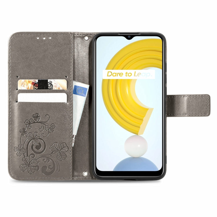 For OPPO Realme C21Y Four-leaf Clasp Embossed Leather Case with Lanyard & Card Slot & Wallet & Holder(Grey) - Realme Cases by buy2fix | Online Shopping UK | buy2fix