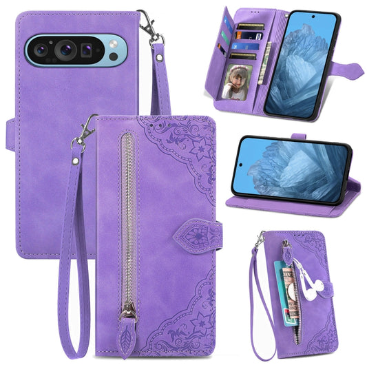 For Google Pixel 9 Pro Embossed Flower Zipper Leather Phone Case(Purple) - Google Cases by buy2fix | Online Shopping UK | buy2fix