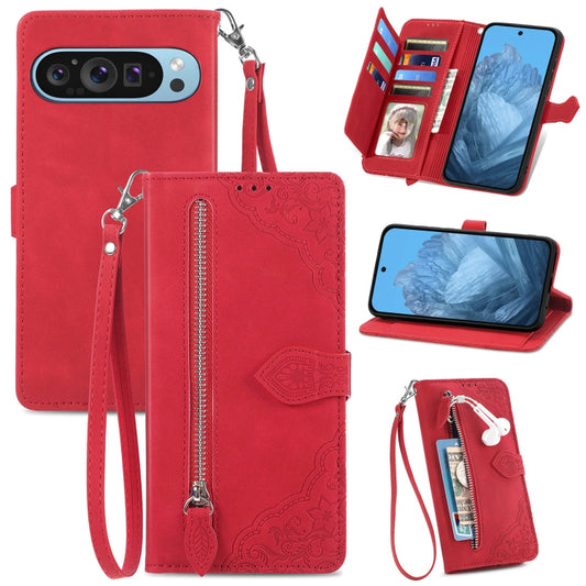 For Google Pixel 9 Pro Embossed Flower Zipper Leather Phone Case(Red) - Google Cases by buy2fix | Online Shopping UK | buy2fix