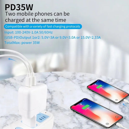 35W PD3.0 USB-C / Type-C Dual Port Charger with 1m Type-C to 8 Pin Data Cable, US Plug - USB Charger by buy2fix | Online Shopping UK | buy2fix