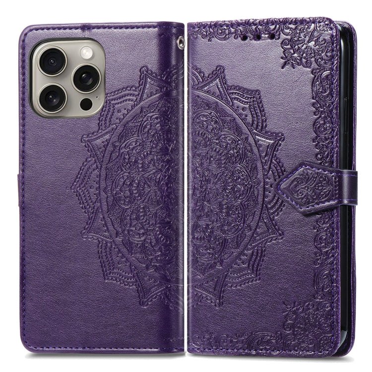 For iPhone 16 Pro Max Mandala Flower Embossed Leather Phone Case(Purple) - iPhone 16 Pro Max Cases by buy2fix | Online Shopping UK | buy2fix