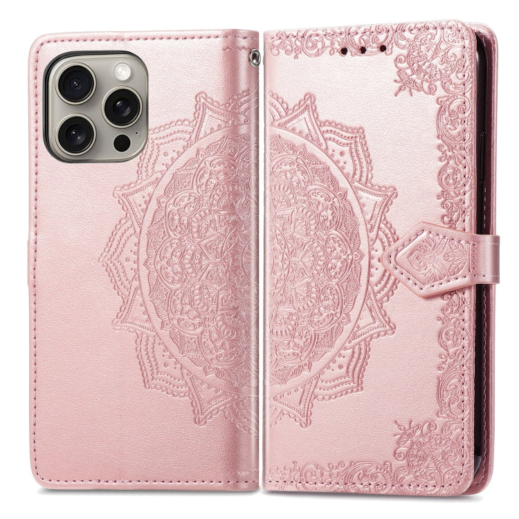 For iPhone 16 Mandala Flower Embossed Leather Phone Case(Rose Gold) - iPhone 16 Cases by buy2fix | Online Shopping UK | buy2fix