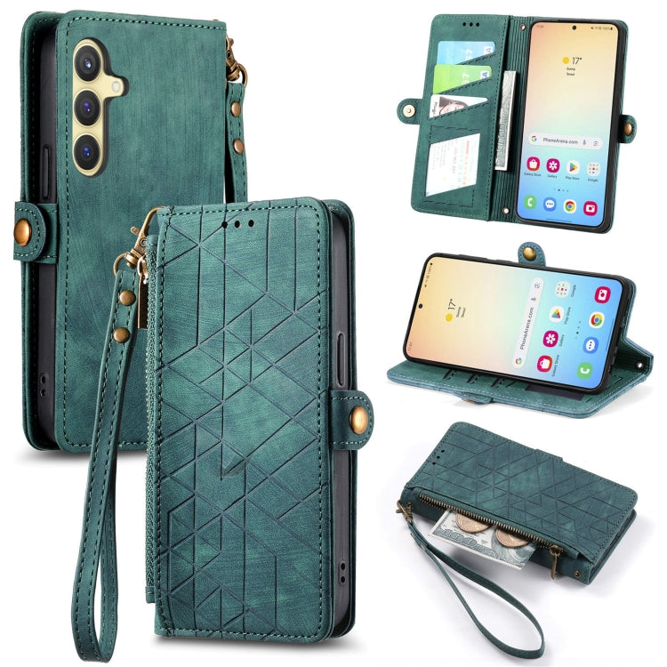 For Samsung Galaxy S25 5G Geometric Zipper Wallet Side Buckle Leather Phone Case(Green) - Galaxy S25 5G Cases by buy2fix | Online Shopping UK | buy2fix