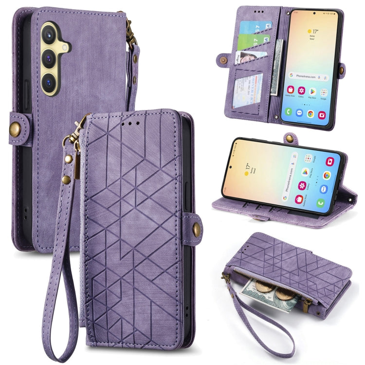 For Samsung Galaxy S25 5G Geometric Zipper Wallet Side Buckle Leather Phone Case(Purple) - Galaxy S25 5G Cases by buy2fix | Online Shopping UK | buy2fix