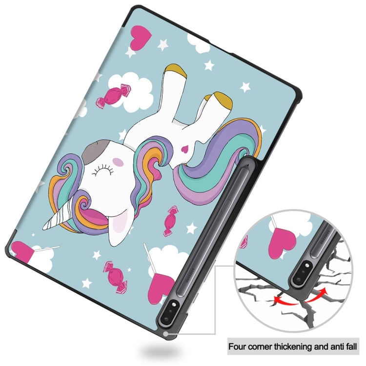 For Samsung Galaxy Tab S9 JUNSUNMAY Custer Painted 3-Fold Stand Leather Smart Tablet Case(Unicorn) - Galaxy Tab S9 Cases by JUNSUNMAY | Online Shopping UK | buy2fix