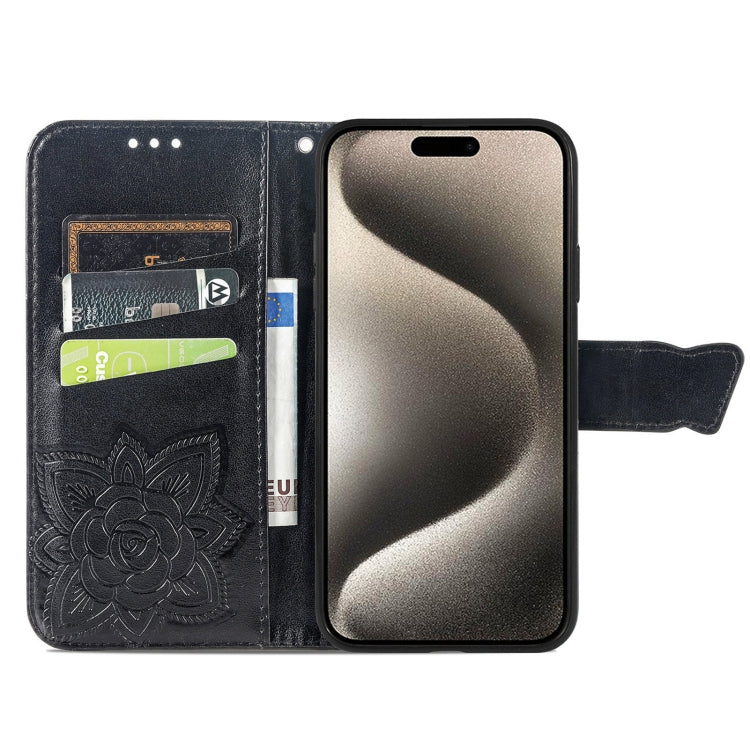 For iPhone 16 Butterfly Love Flower Embossed Leather Phone Case(Black) - iPhone 16 Cases by buy2fix | Online Shopping UK | buy2fix