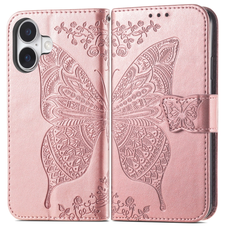 For iPhone 16 Butterfly Love Flower Embossed Leather Phone Case(Rose Gold) - iPhone 16 Cases by buy2fix | Online Shopping UK | buy2fix