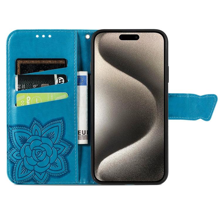 For iPhone 16 Pro Butterfly Love Flower Embossed Leather Phone Case(Blue) - iPhone 16 Pro Cases by buy2fix | Online Shopping UK | buy2fix