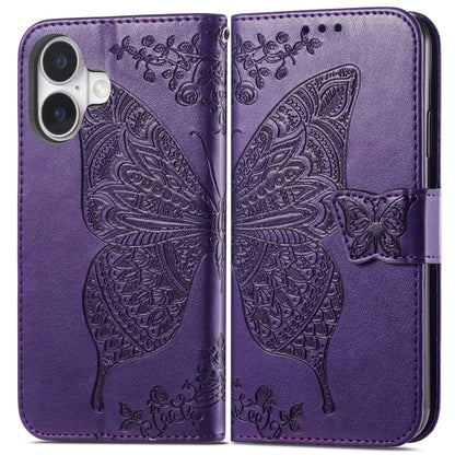 For iPhone 16 Plus Butterfly Love Flower Embossed Leather Phone Case(Purple) - iPhone 16 Plus Cases by buy2fix | Online Shopping UK | buy2fix