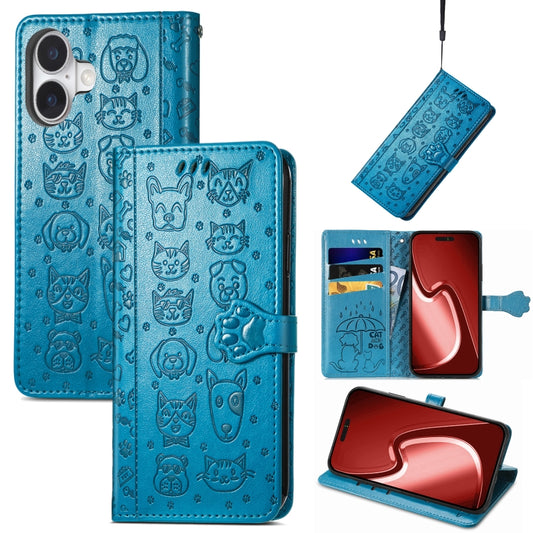 For iPhone 16 Cat and Dog Embossed Leather Phone Case(Blue) - iPhone 16 Cases by buy2fix | Online Shopping UK | buy2fix