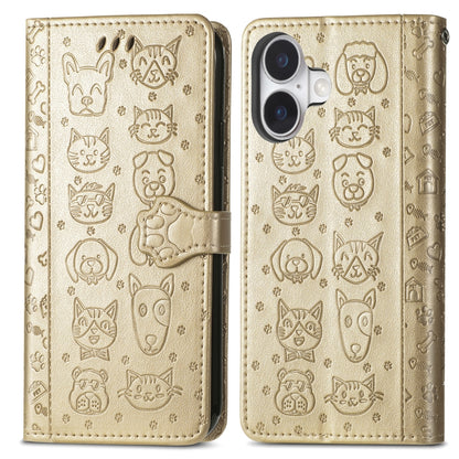 For iPhone 16 Cat and Dog Embossed Leather Phone Case(Gold) - iPhone 16 Cases by buy2fix | Online Shopping UK | buy2fix