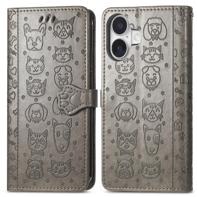 For iPhone 16 Cat and Dog Embossed Leather Phone Case(Gray) - iPhone 16 Cases by buy2fix | Online Shopping UK | buy2fix