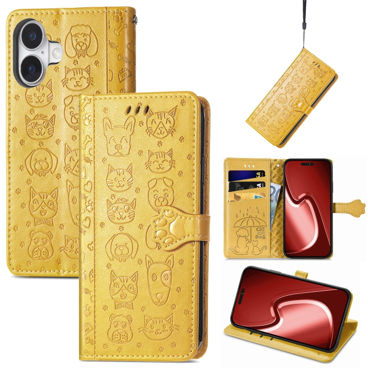 For iPhone 16 Plus Cat and Dog Embossed Leather Phone Case(Yellow) - iPhone 16 Plus Cases by buy2fix | Online Shopping UK | buy2fix