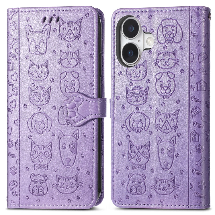 For iPhone 16 Plus Cat and Dog Embossed Leather Phone Case(Purple) - iPhone 16 Plus Cases by buy2fix | Online Shopping UK | buy2fix