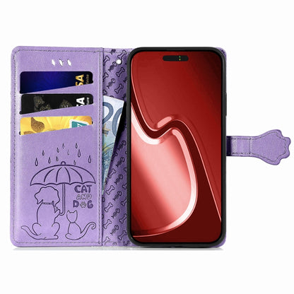 For iPhone 16 Plus Cat and Dog Embossed Leather Phone Case(Purple) - iPhone 16 Plus Cases by buy2fix | Online Shopping UK | buy2fix