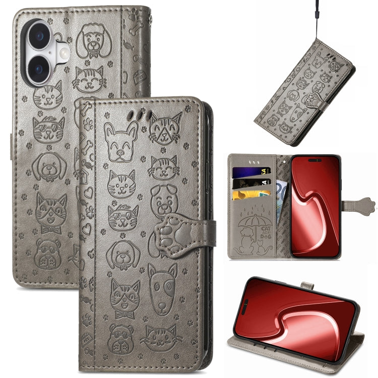 For iPhone 16 Plus Cat and Dog Embossed Leather Phone Case(Gray) - iPhone 16 Plus Cases by buy2fix | Online Shopping UK | buy2fix