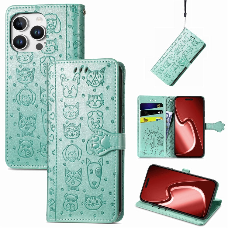 For iPhone 16 Pro Cat and Dog Embossed Leather Phone Case(Green) - iPhone 16 Pro Cases by buy2fix | Online Shopping UK | buy2fix