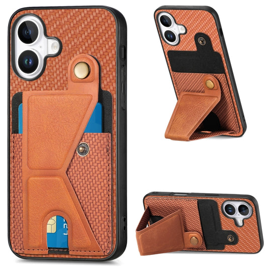 For iPhone 16 Plus Carbon Fiber Wallet Flip Card K-shaped Holder Phone Case(Brown) - iPhone 16 Plus Cases by buy2fix | Online Shopping UK | buy2fix