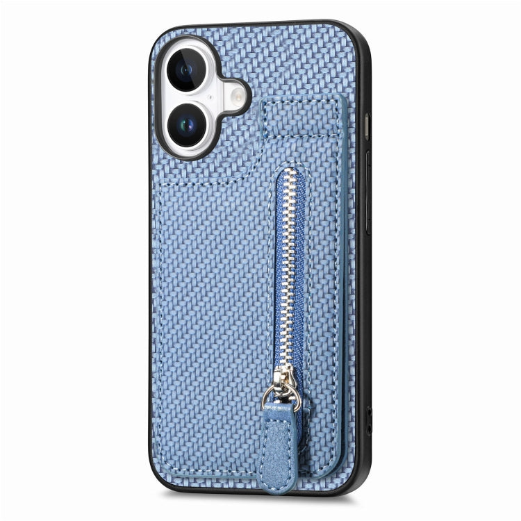 For iPhone 16 Plus Carbon Fiber Vertical Flip Zipper Phone Case(Blue) - iPhone 16 Plus Cases by buy2fix | Online Shopping UK | buy2fix