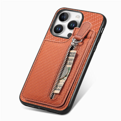 For iPhone 16 Pro Carbon Fiber Vertical Flip Zipper Phone Case(Brown) - iPhone 16 Pro Cases by buy2fix | Online Shopping UK | buy2fix